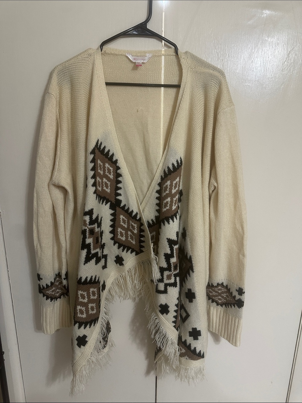 No Boundaries Cream Aztec Fringe Cardigan with Brown and Black Accents